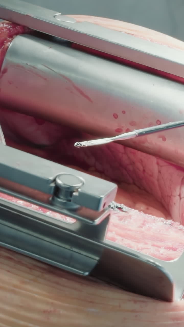 외과 의사는 클리닉에서 레이저 도구를 다루고 있습니다. 장갑을 입은 의사는 임상실 수술실에서 중요한 심장 절차 중에 레이저와 포을 미묘하게 안내합니다.