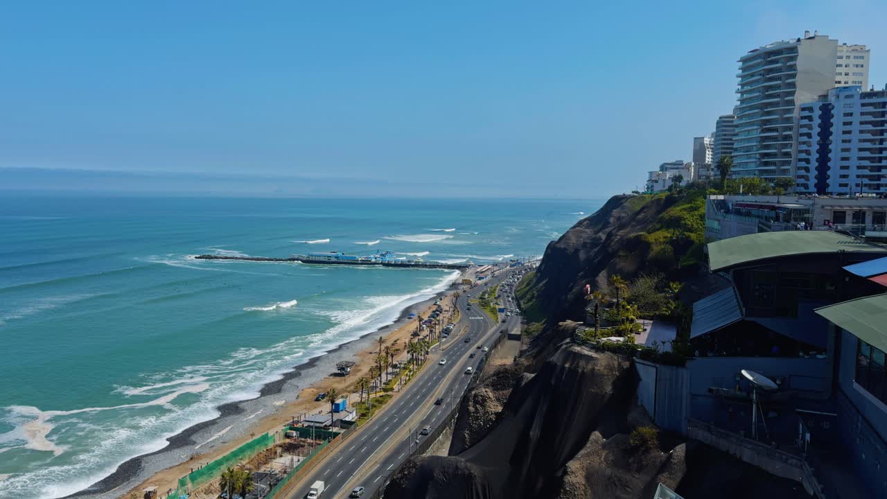 Static estabilshing of Lima Peru beachfront highrises and coast in bright daylight with blue ocean below
