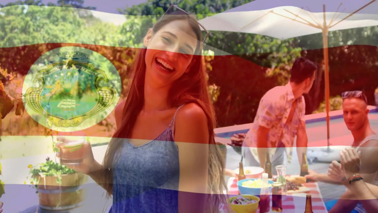 Woman holding cocktail near backyard pool, showcasing animated chart and marketing icons
