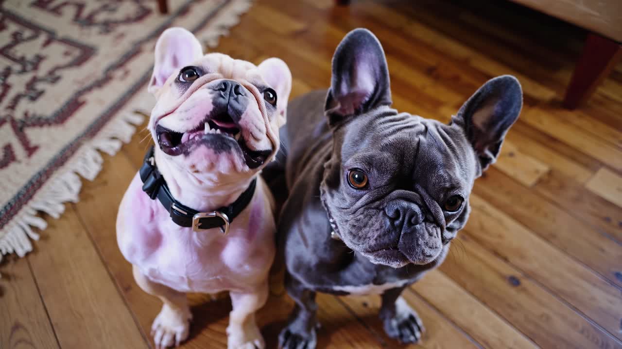 Two French Bulldogs on wooden floor, captured from a slightly elevated angle, creating a playful