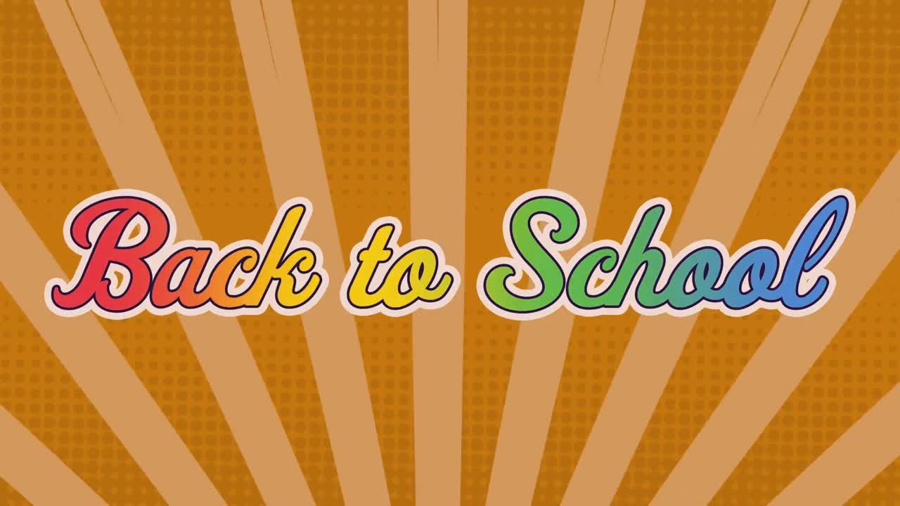 노란색 방사선 배경에 대한 학교 텍스트로 돌아가는 무지개 효과의 디지털 애니메이션