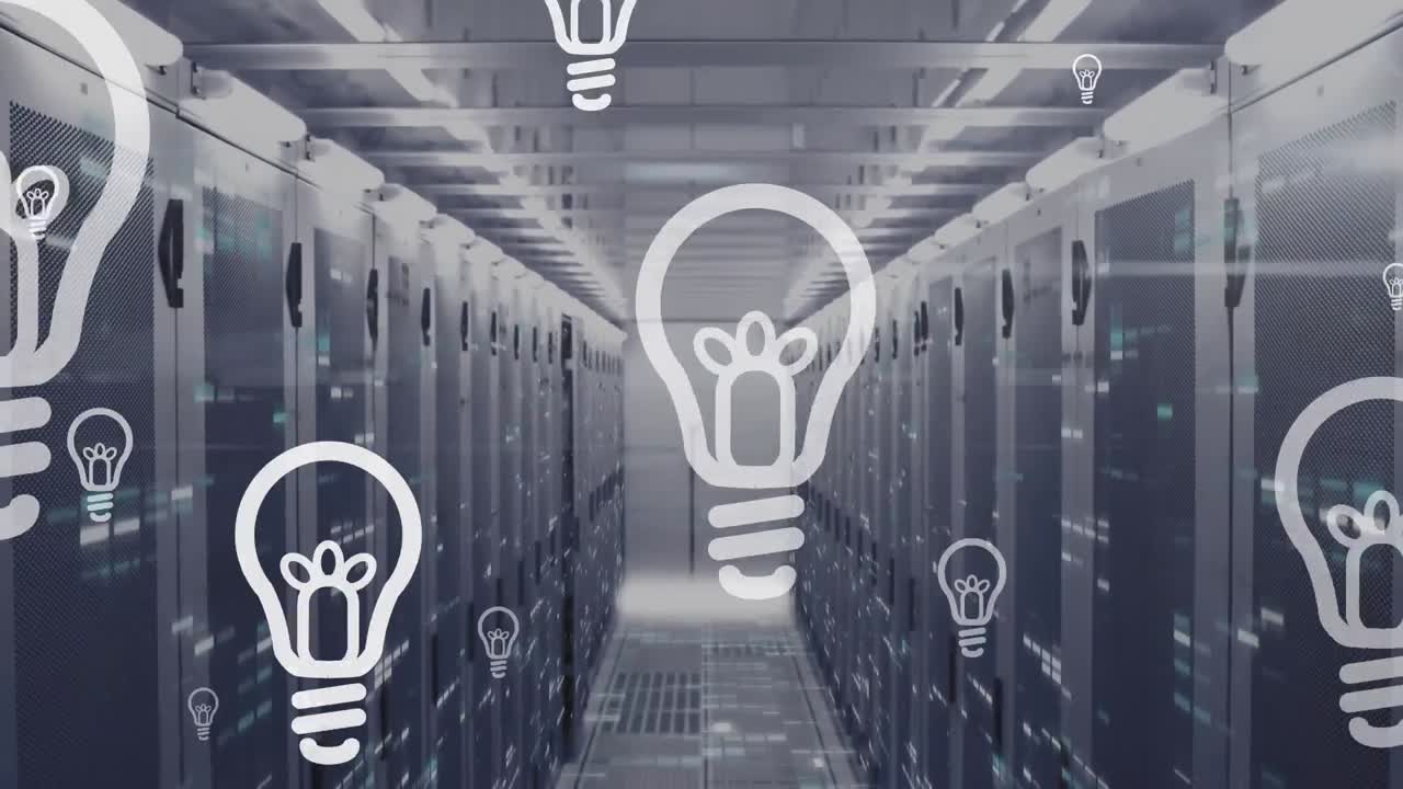 Animation of multiple electric bulb icons floating and mosaic squares against computer server room