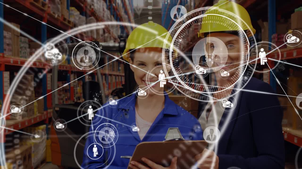 Animazione di una rete di connessioni su diversi lavoratori in un magazzino