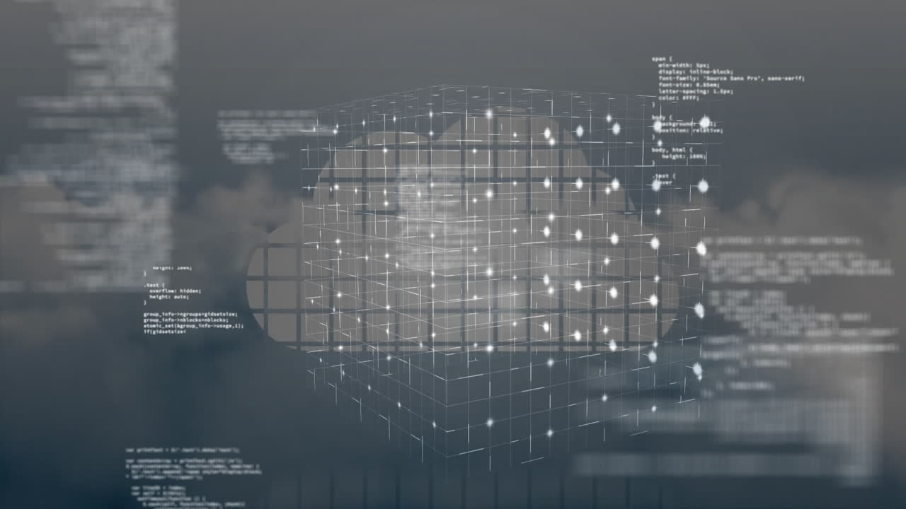 Glowing nodes on digital data cube with animation in cloudy background