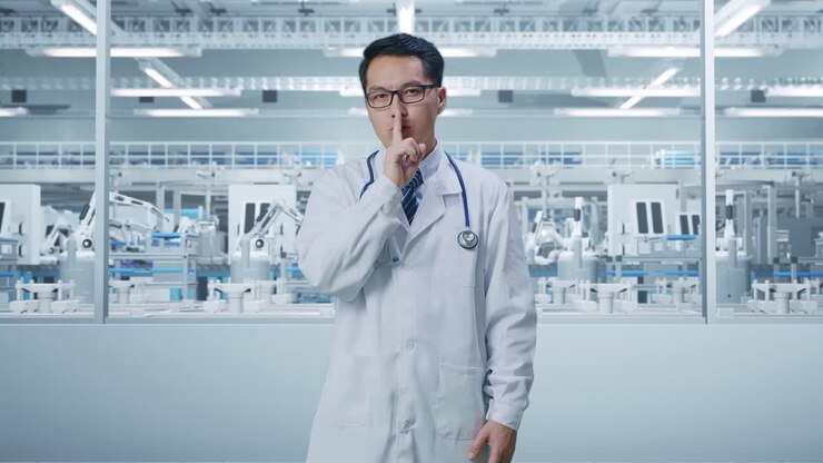 Asian Male Doctor With Stethoscope Showing Silence Gesture While Standing In Laboratory