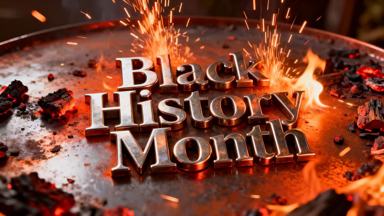 Riflettendo sul titolo del Black History Month che cattura il bagliore delle scintille e delle fiamme che si alzano su un vassoio con carboni