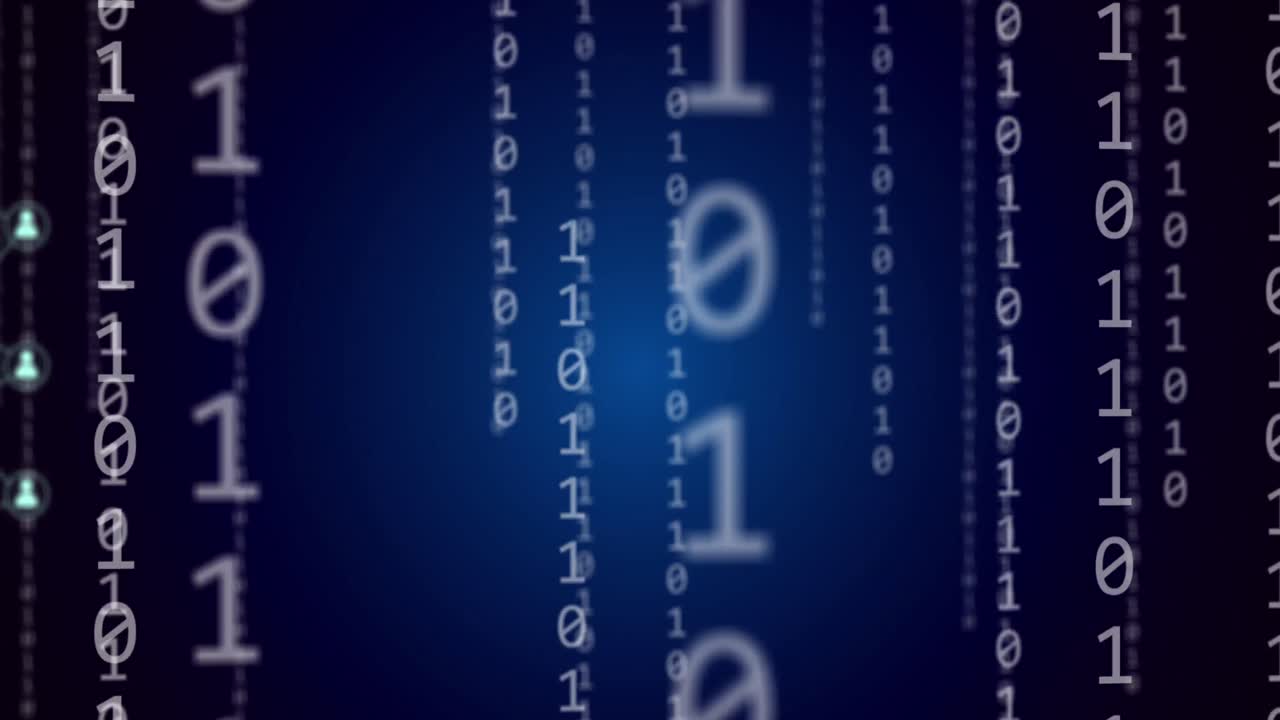animación de codificación binaria y procesamiento de datos sobre fondo azul