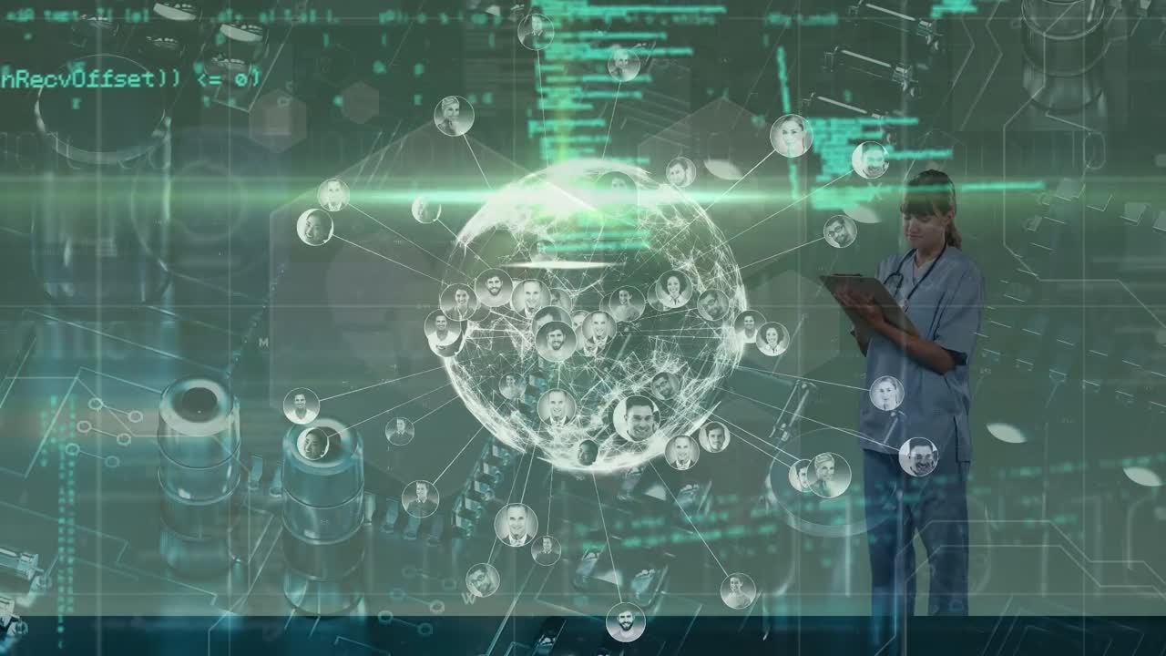 animación del procesamiento de datos y el mundo sobre la mujer caucásica médico