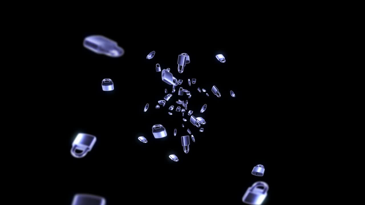 검은색 배경에 많은 은색 패들록을 날리는 보안 또는 비밀 보호 개념, 회전하는 패들록의 3d 애니메이션, 루프 애니메이션.