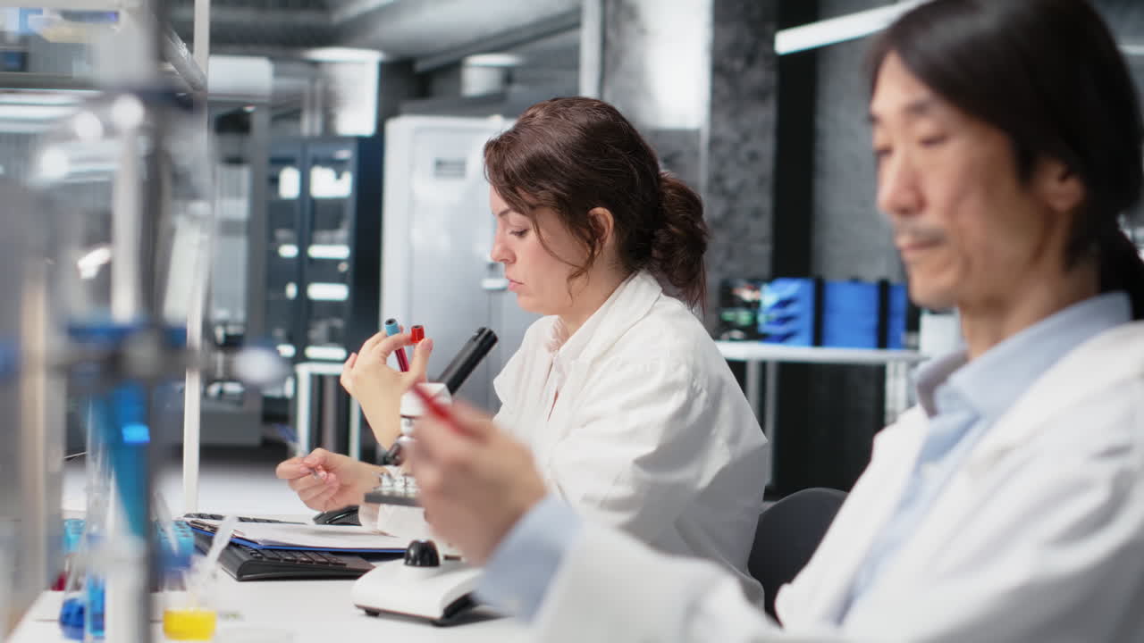 Vertical video Woman in modern laboratory using colorful liquids, testing chemical reactions