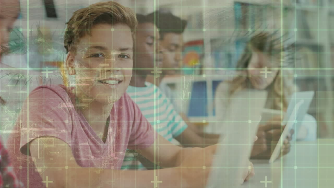 animación de ojos sobre diversos estudiantes que usan tabletas.