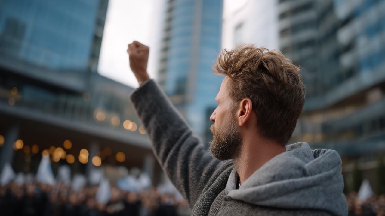 A Determined Protester Raises Their Fist in Solidarity, Amplifying Voices for Change Against a Modern Urban Background Full of Engaged Activists