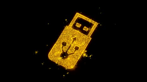 usb flash drive icon sparks particles on black background.