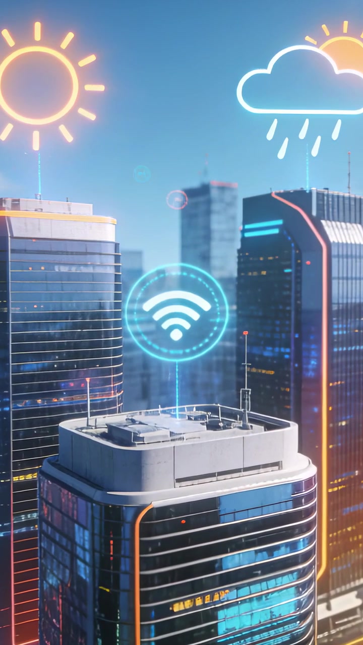 Video verticale: Telecamera in movimento che mostra un ologramma WiFi pulsante che collega i tralicci sui tetti della città, icone meteo al neon.