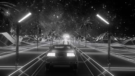 monochrome futuristic world of computer space in the style of science fiction of the 80s. stock animation. the movement of a futuristic machine in virtual space on space galaxy background, seamless loop, black and white