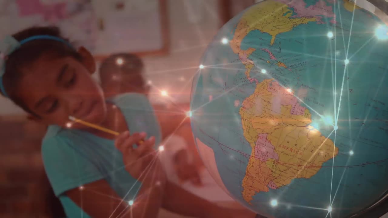 red de conexiones sobre niñas afroamericanas aprendiendo geografía usando el globo en la escuela