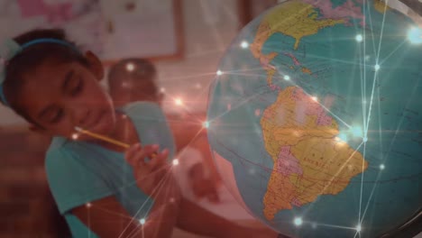 Network-of-connections-over-african-american-girl-learning-geography-using-globe-at-school