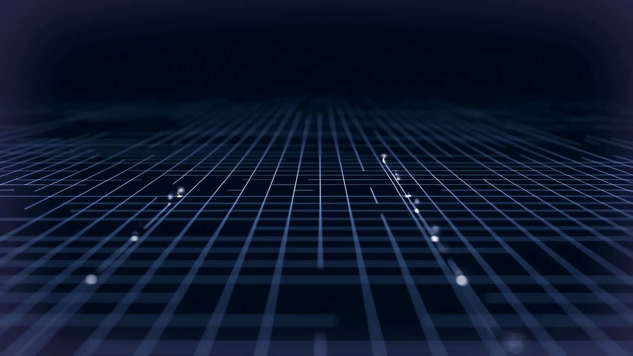 Dark Grid Floor With Neon Lines, Vanishing Perspective With Glowing Nodes And Subtle Particle Sparks, Soft