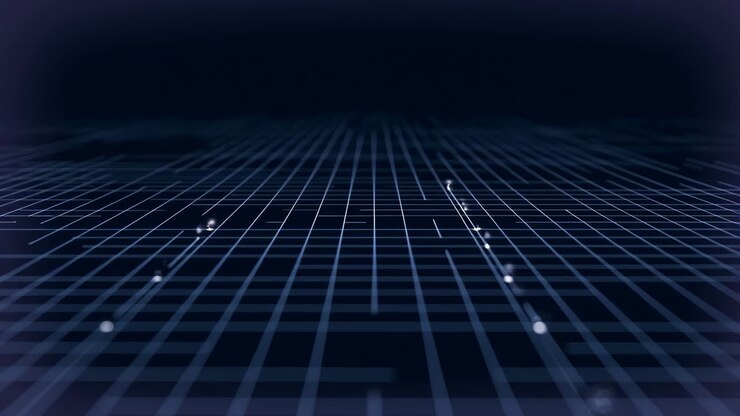 Dark Grid Floor With Neon Lines, Vanishing Perspective With Glowing Nodes And Subtle Particle Sparks, Soft