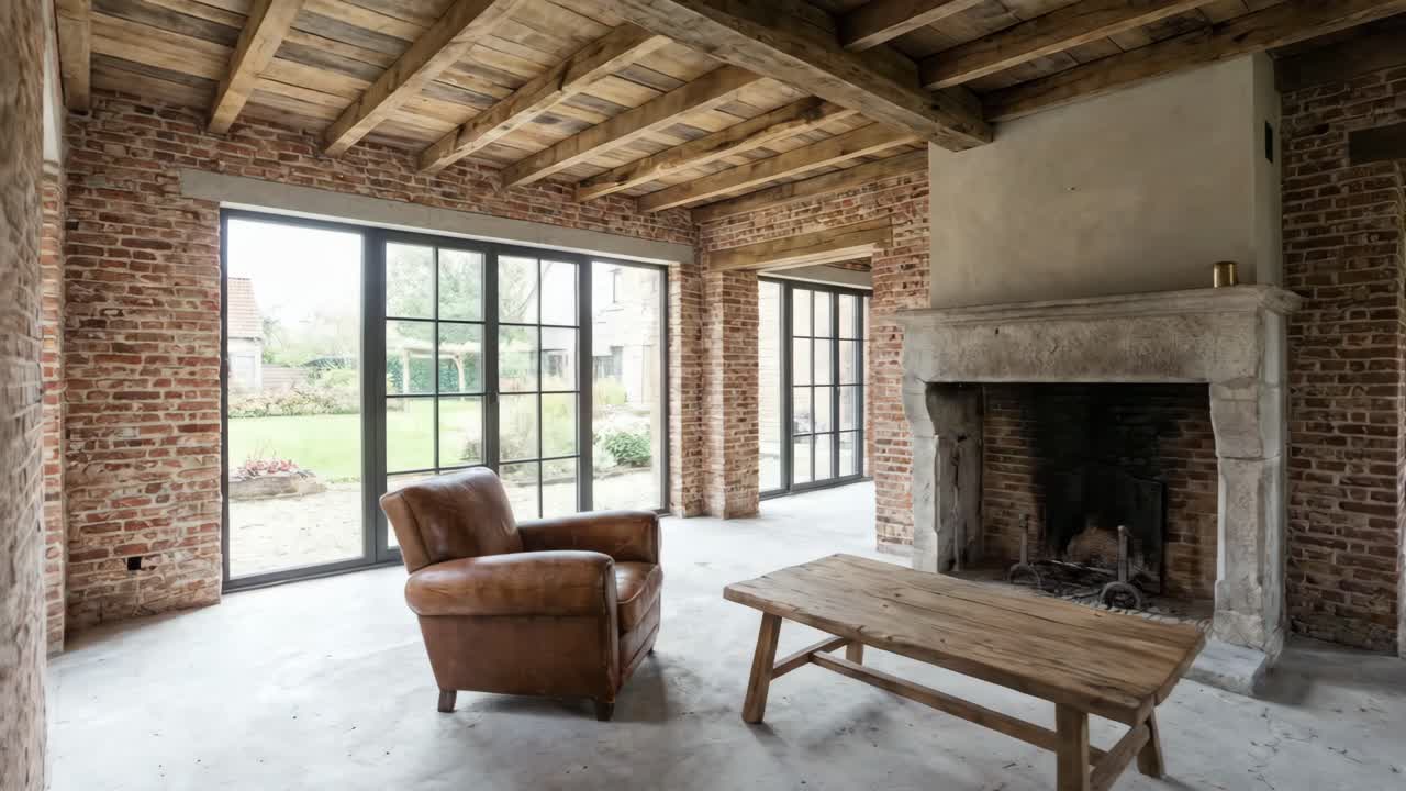 Empty Room Interior with Brick Walls, Wooden Ceiling, and Fireplace
