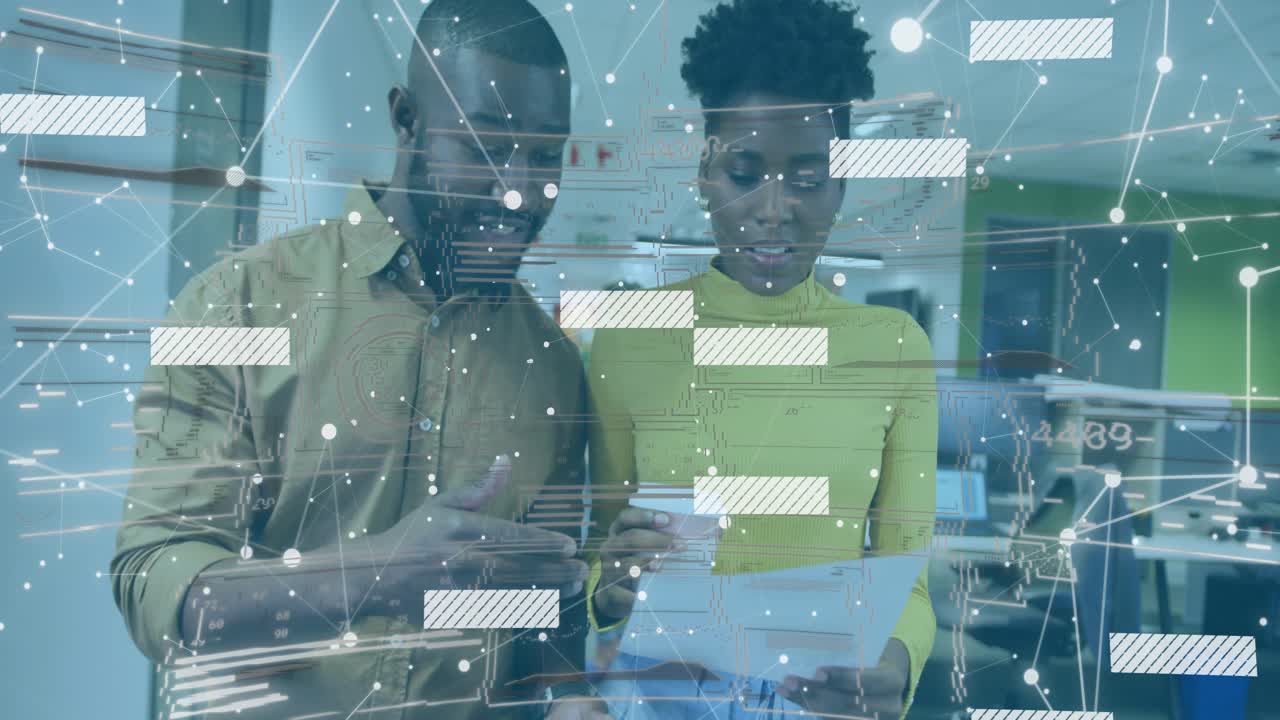 Business team tapping phone while reading paper in office, HUD highlighting data to confirm changes