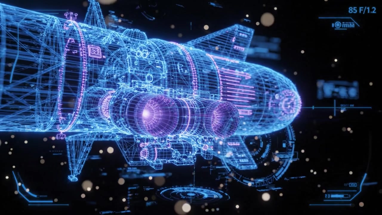 Futuristic Blueprint of a Rocket: A Stunning Visual Representation of Advanced Space Technology and Engineering, Captured in Vibrant Blue and Pink Hues