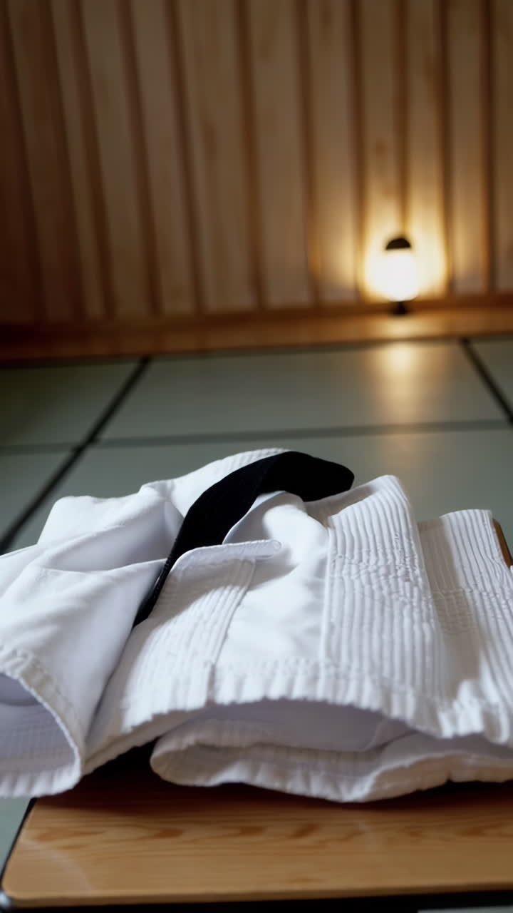 White Martial Arts Uniform with Black Belt on Wooden Table in Dojo