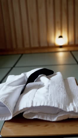 white martial arts uniform with black belt on wooden table in dojo