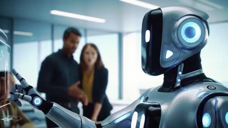 a cutting-edge robot collaborates with professionals, showcasing advanced interaction and technology in a modern workplace setting, bridging human-robot communication