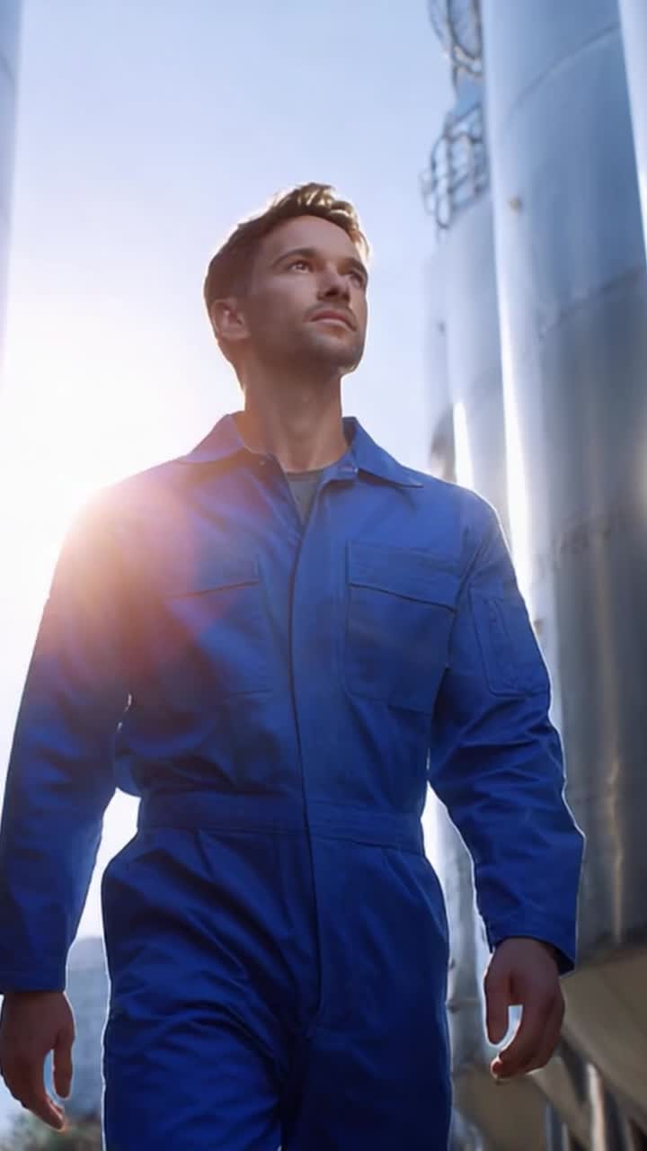 A confident individual in a blue jumpsuit walking through a futuristic industrial environment, exuding determination and professionalism under bright sunlight