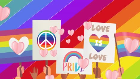 animation of hearts and pride texts with icons over rainbow