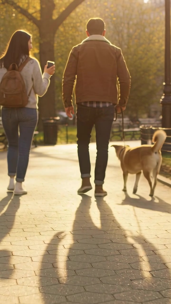 Verticale video: Stel wandelt met aangelijnde hond in het park, camera trekt terug, vrouw houdt beker vast.