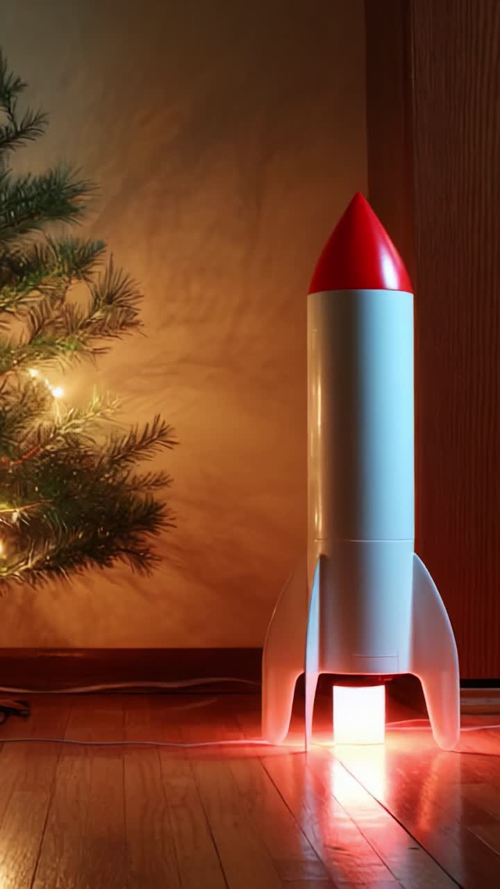 A Charming Holiday Scene Featuring a Decorative Rocket Lamp Illuminating a Cozy Room with Twinkling Lights and a Green Christmas Tree, Perfect for Festive Ambiance and Imagination
