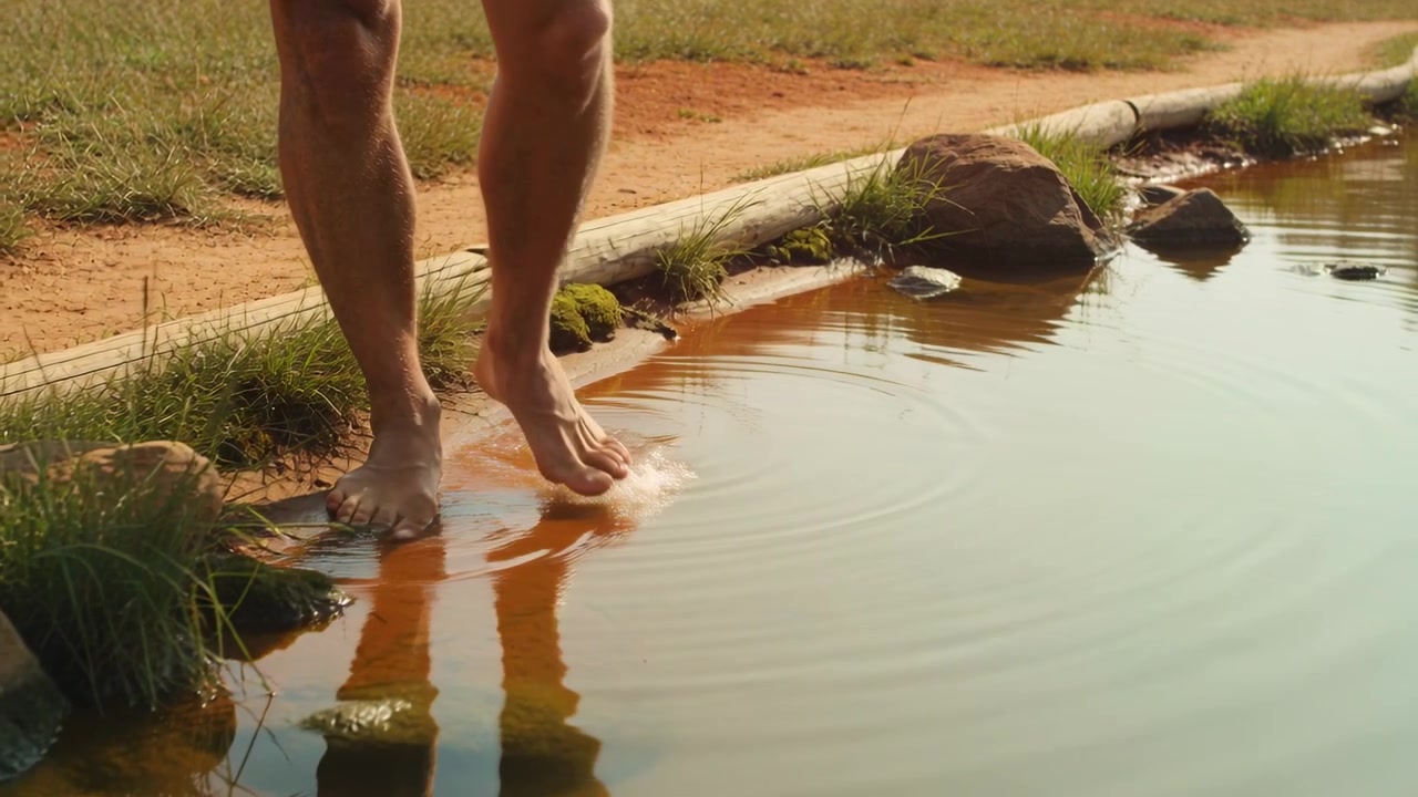 Stepping barefoot man pressing toes into shallow pond, creating ripples while walking along shore