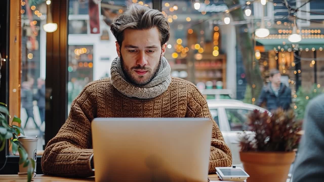 Man working on laptop in a cozy cafe