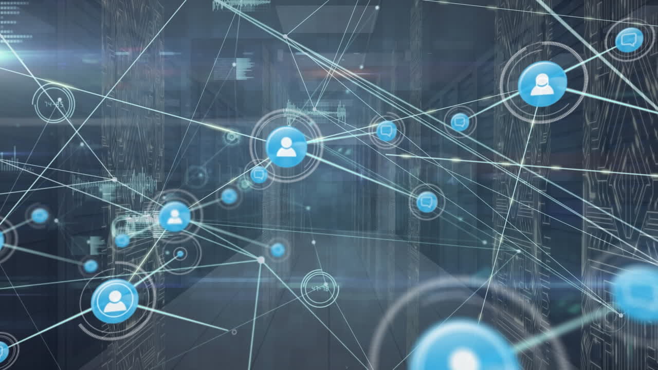 animación de la red de conexiones con iconos a través de servidores informáticos