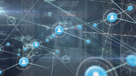 animation of network of connections with icons over computer servers