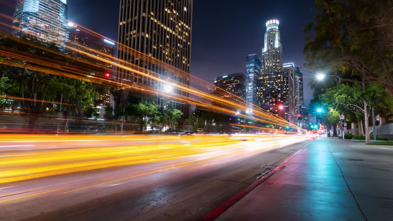 A Vibrant Nighttime Scene in the City: Capturing the Lively Motion of Traffic Against a Backdrop of Skyscrapers Illuminated by City Lights, Highlighting Urban Life and Energy