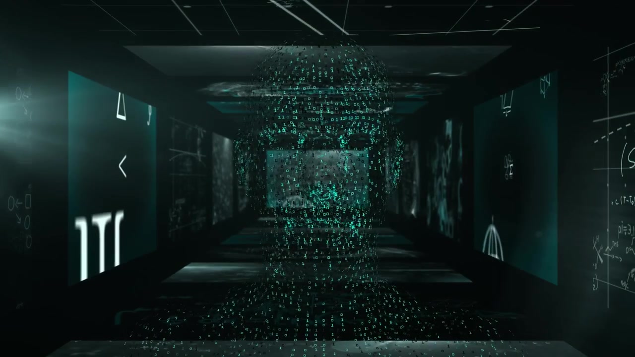 Animation of data processing over screen on black background