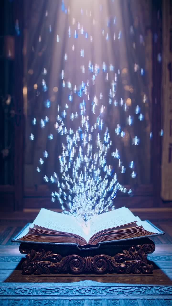 Libro magico con particelle luminose che si sollevano, acquisito da una angolazione bassa