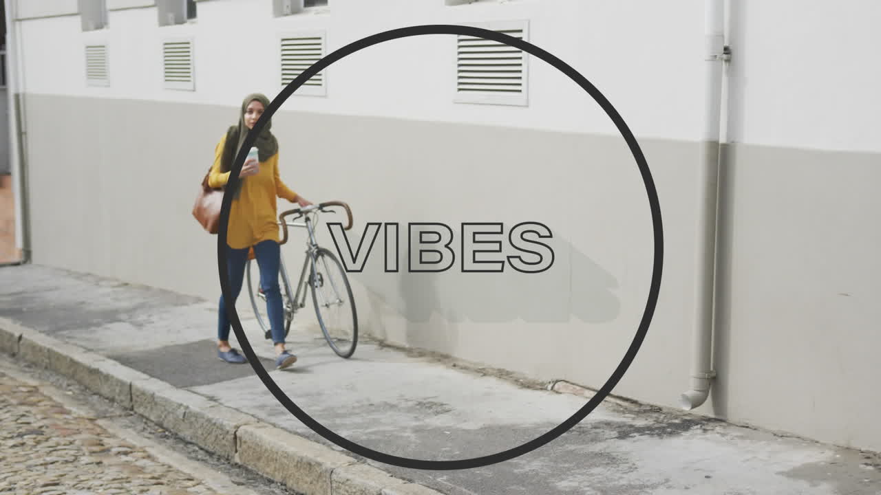 animación de vibraciones de texto sobre mujer con bicicleta