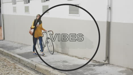 animation of text vibes over woman with bicycle