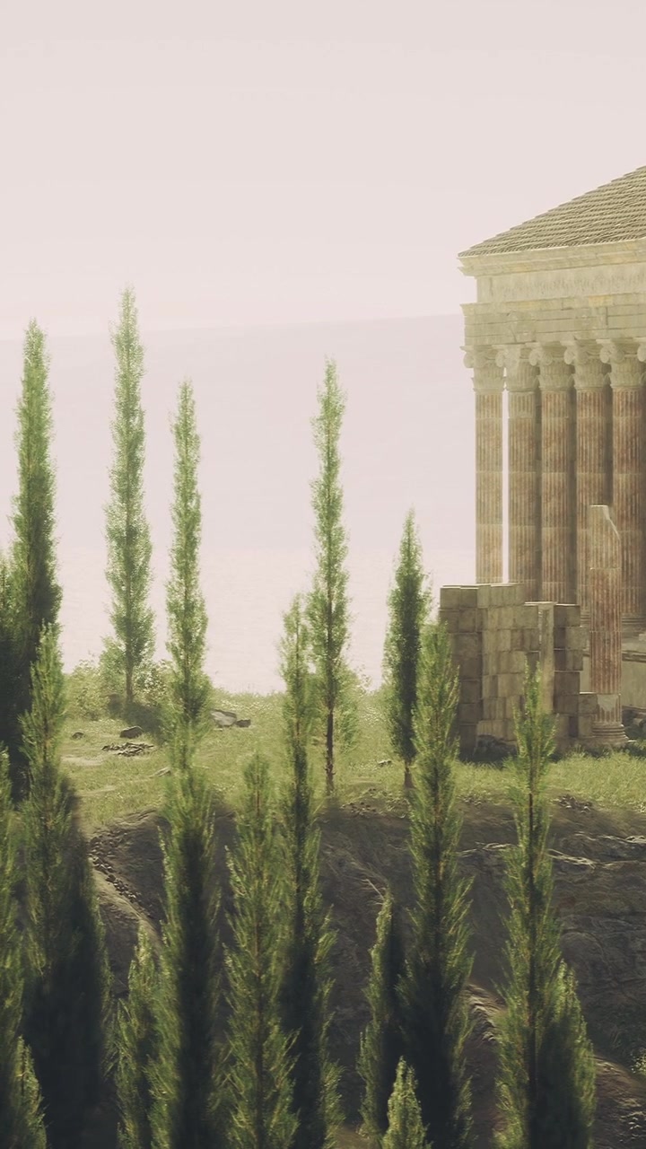 Silueta de un templo antiguo contra un paisaje sereno al anochecer