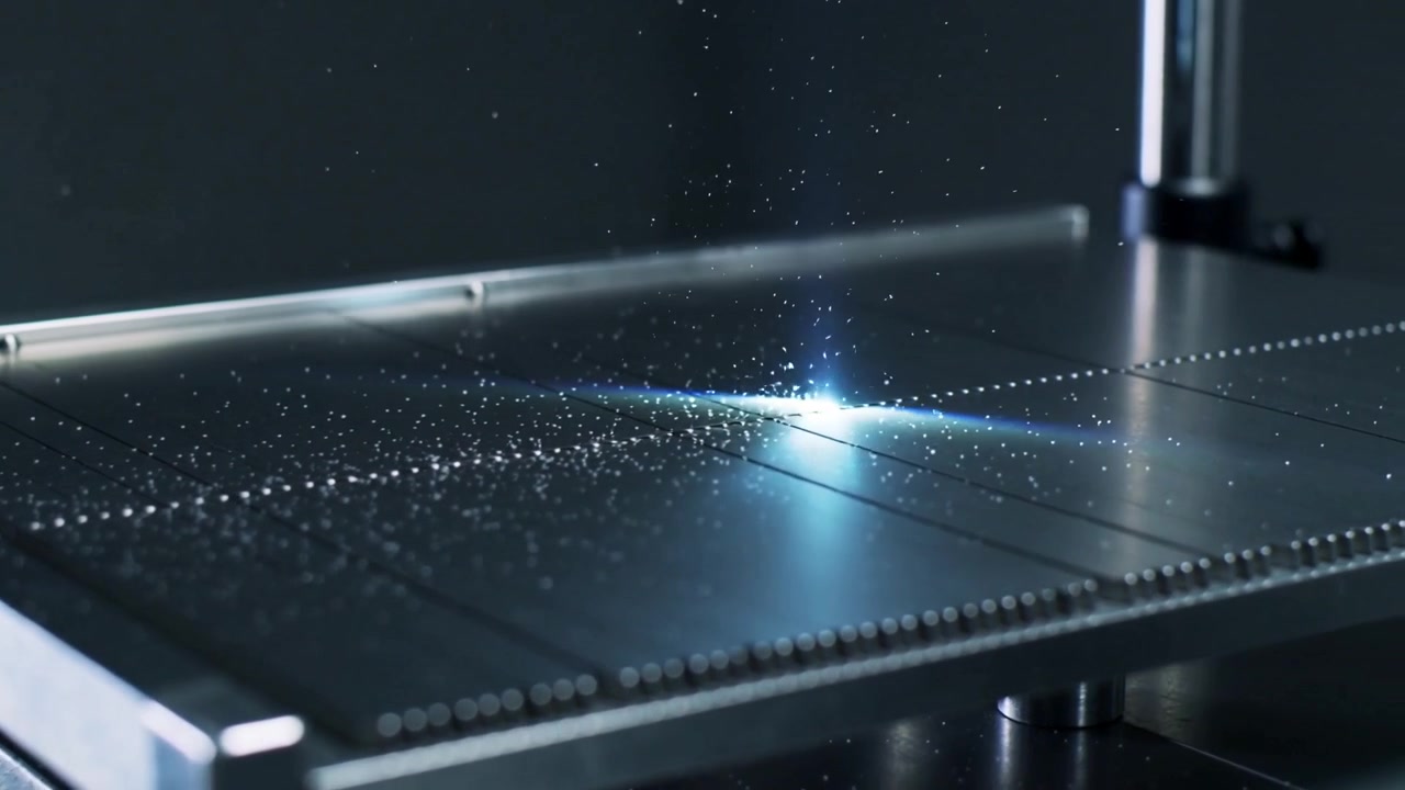 Attivazione laser, un punto si muove su un piano di lavoro metallico in officina, tracciando una linea incisa per l'incisione.