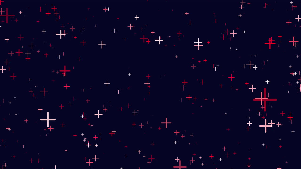 Animated abstract starry background with red and white glowing cross-shaped sparkles on dark blue space, ideal for holiday visuals, sci-fi intros, and overlays