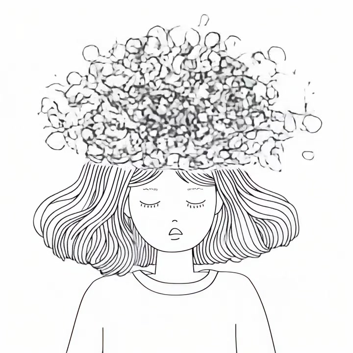 Line Art Animata della Testa di una Donna con Pensieri Vorticosi