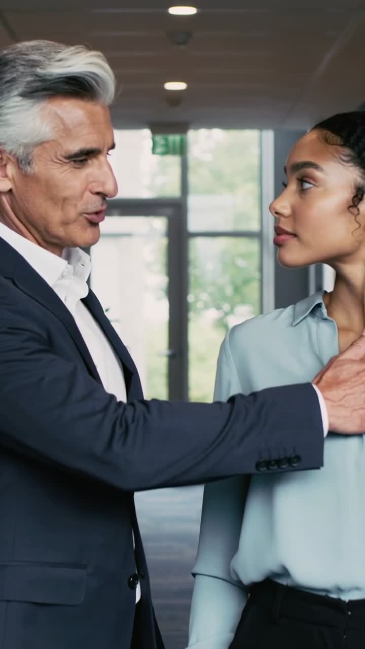 Video verticale: Uomo in abito che cammina e si tocca la spalla, donna in camicetta che incrocia lo sguardo alla porta a vetri.