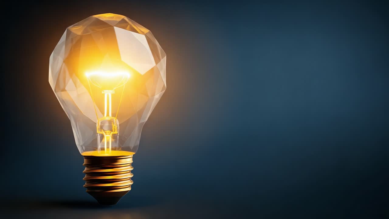 Una Straordinaria Transizione Visiva di una Lampadina Illuminata con un Design Geometrico, che Mostra l'Evoluzione della Luminosità da Fioca a Vibrante in un'Estetica Moderna