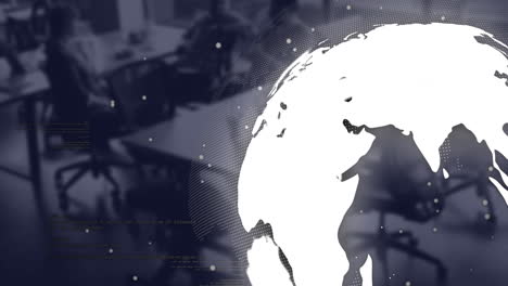 사무실에서 다양한 비즈니스 사람들에 대한 지구의 애니메이션과 데이터 처리