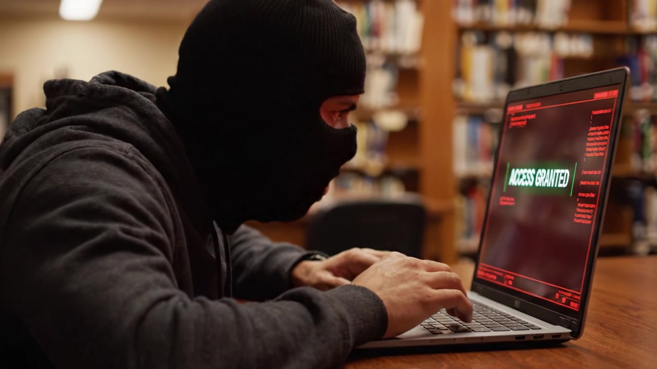 Un Misterioso Hacker Impegnato in Operazioni di Codifica in un Ambiente Bibliotecario, Avvolto in Abiti Scuri, che Emana un'Aura di Segretezza e Intrigo Mentre Naviga nel Regno Digitale
